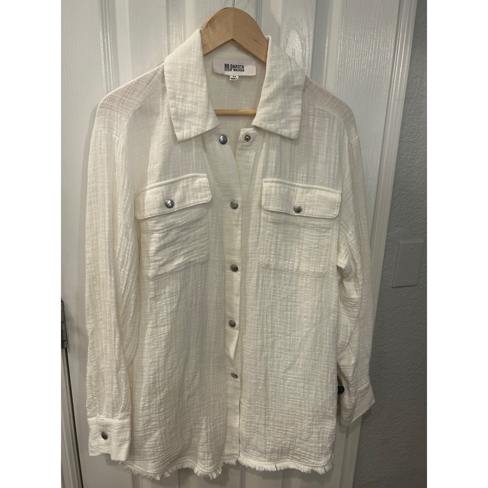 BB Dakota Steve Madden Shacket White Cotton Gauze Raw Hem Button Down Shirt